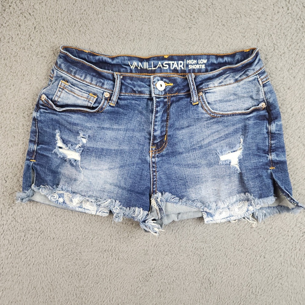 Vanilla Star Y2K High Rise Shortie Denim Jean Shorts Womens 9 Raw Hem Distressed